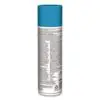 A tall aerosol spray can with a blue cap and a long label, viewed from the side.