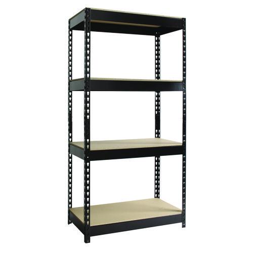 Steel Shelving Unit with Particleboard Shelves, Four-Shelf, 30w x 16d x 60h, Steel, Black