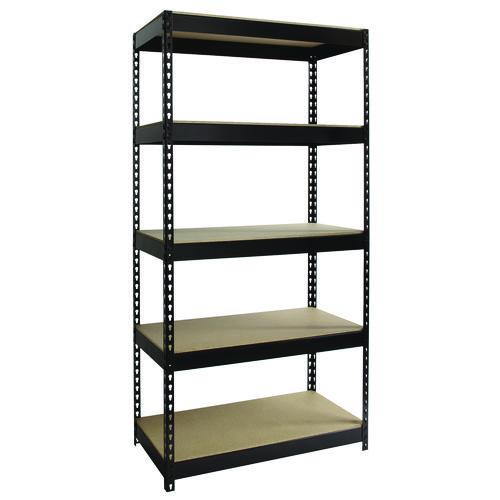 Steel Shelving Unit with Particleboard Shelves, Five-Shelf, 36w x 18d x 72h, Steel, Black