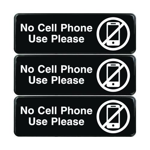No Cell Phone Use Please Indoor/Outdoor Wall Sign, 9 x 3, Black Face, White Graphics, 3/Pack
