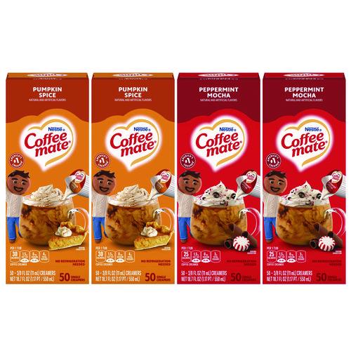 Liquid Coffee Creamer, Peppermint Mocha/Pumpkin Spice, 0.38 oz Mini Cups, 50/Pack, 4 Packs/Carton