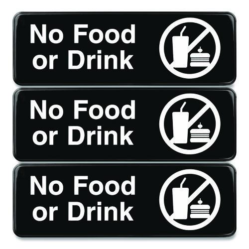 No Food or Drink Wall Sign, 9" x 3", Black Face, White Graphics, 3/Pack