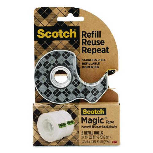 Stainless Steel Refillable Tape Dispenser with 2 Rolls 0.75" x 550" Tape