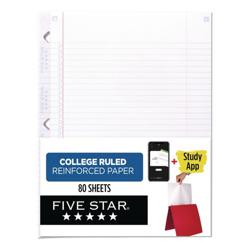 Reinforced Filler Paper Plus Study App, 3-Hole, 8.5 x 11, College Rule, 80/Pack