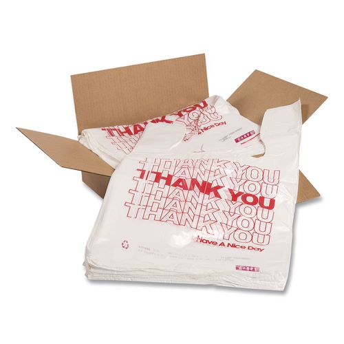 Thank You High-Density Shopping Bags, Have a Nice Day Labeling, Cut-Out Handles, 18" x 8" x 30", White/Red, 500/Carton