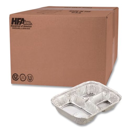 Aluminum Oblong Container with Lid, 3 Compartments, 24 oz, 8.5 x 6.38 x 1.47, Silver, 500/Carton