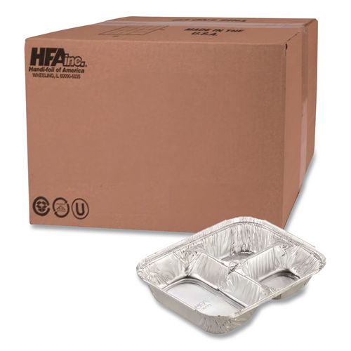 Aluminum Oblong Container with Lid, 3 Compartments, 24 oz, 8.5 x 6.38 x 1.47, Silver, 250/Carton