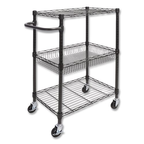 Three-Tier Wire Cart with Basket, Metal, 2 Shelves, 1 Bin, 500 lb Capacity, 28" x 16" x 39", Black Anthracite