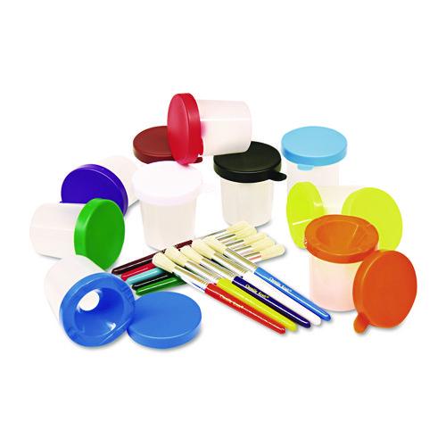 No-Spill Cups And Coordinating Brushes, Assorted Color Lids/clear Cups, 10/set