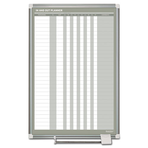 In-Out Magnetic Dry Erase Board, 30-Person Tracking, 24" x 36", White Surface, Satin Aluminum Frame
