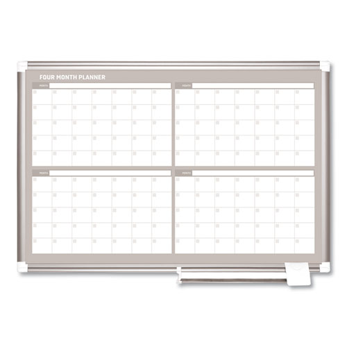 Magnetic Dry Erase Calendar Board, Four-Month Planning/Scheduling, 36" x 24", White Surface, Satin Aluminum Frame