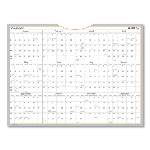 WallMates Self-Adhesive Dry Erase Yearly Planning Surfaces, 24 x 18, White/Gray/Orange Sheets, 12-Month (Jan to Dec): 2025