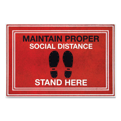 Message Floor Mats, 24 X 36, Red/black, "maintain Social Distance Stand Here"