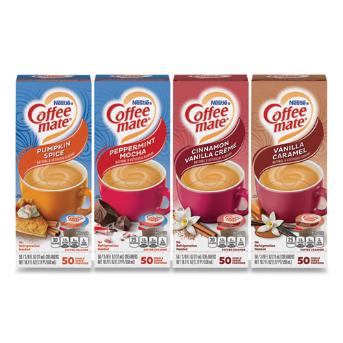 Liquid Coffee Creamer, Cinnamon/Peppermint/Pumpkin/Vanilla, 0.38 oz Mini Cups, 50/Pack, 4 Packs/Carton