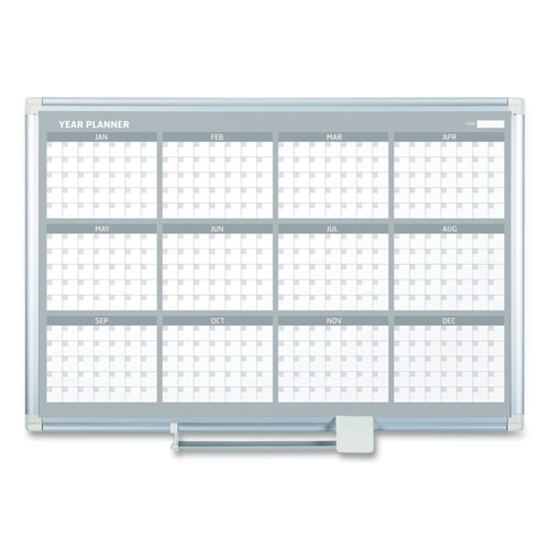 Magnetic Dry Erase Calendar Board, 12-Month Planning/Scheduling, 36" x 24", White Surface, Satin Aluminum Frame