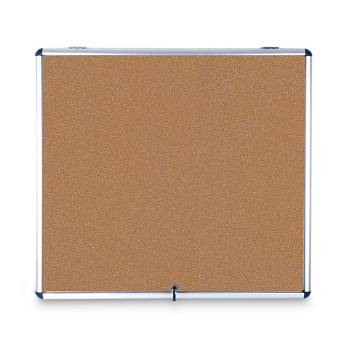 Slim-Line Enclosed Cork Bulletin Board with One Door, 47" x 38", Tan Surface, Satin Aluminum Frame