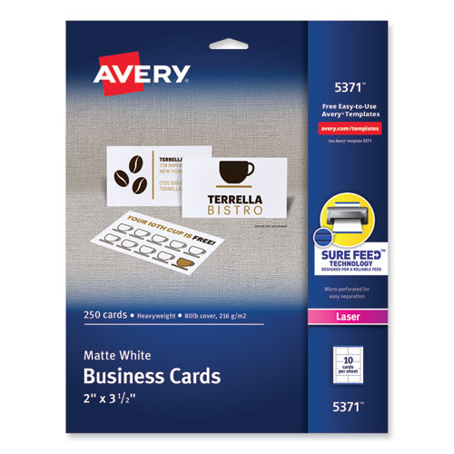 Printable Microperforated Business Cards with Sure Feed Technology, Laser, 2 x 3.5, White, 10/Sheet, 25 Sheets/Pack