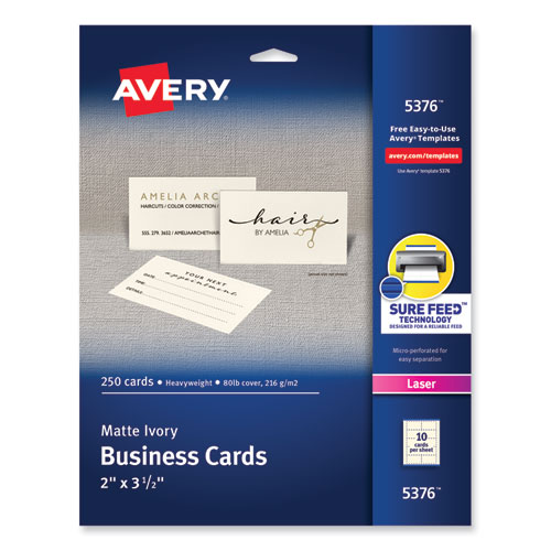 Printable Microperforated Business Cards with Sure Feed Technology, Laser, 2 x 3.5, Ivory, 10/Sheet, 25 Sheets/Pack