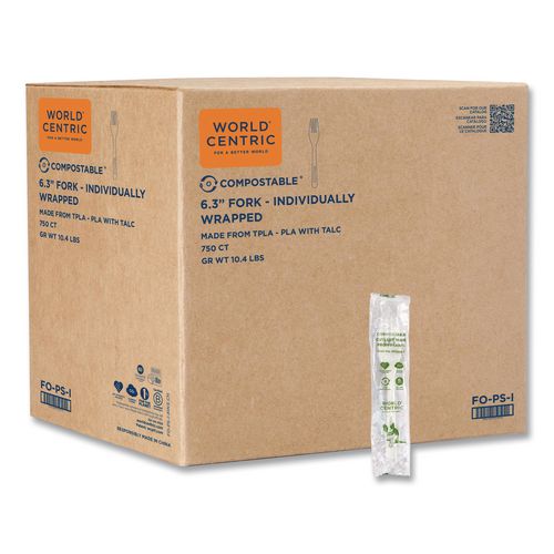 TPLA Compostable Cutlery, Fork, Plastic, White, 750/Carton
