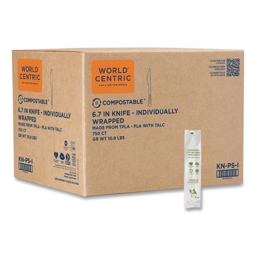 TPLA Compostable Cutlery, Knife, Plastic, White, 750/Carton